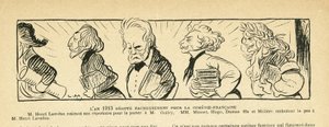Illustration in Le Rire, 04/01/13 - The Year 1913... - Theatre, Comedie Francaise - Victor Hugo, Alexandre Dumas (fils), Henri Lavedan, Sacha Guitry, Alfred de Musset, Moliere by Lucien Metivet
