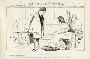 Illustration in Le Rire, 24/08/12 - Return from Russia - Anticlericalism, Russia, President of the Republic, Hats, Official Visit - Marianne, Poincare Raymond (engraving)