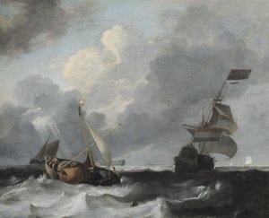 A Storm off the Coast with Men o War and Fishing Boats