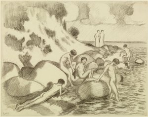 Bathing Boys on the Beach, in the Background Two Women by Ludwig von Hofmann