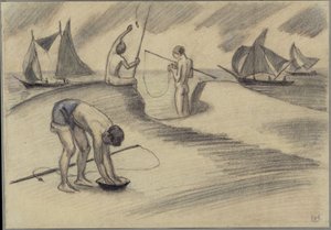 Three Boys Fishing at Sea with Sailing Ships by Ludwig von Hofmann
