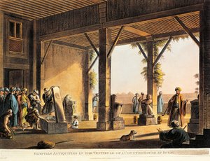 Egyptian antiquities in the yard of a Boulaq house, engraving from Views in Egypt by Luigi Mayer