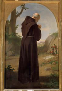 Monk praying in front of a tomb by Luigi Sciallero