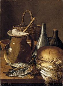 Still Life with Herrings, Chives, Garlic, and Kitchen Utensils by Luis Egidio Melendez