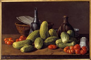 Still Life: Cucumbers, Tomatoes and Containers by Luis Egidio Menendez or Melendez