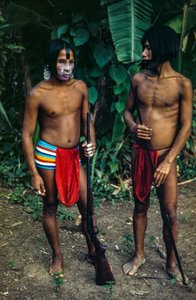 Men of Emberá tribe, an indigenous people at edge of a jungle, Panama