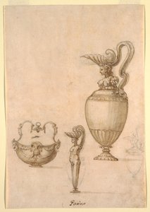 Designs for Two Ewers and a Swing-Handle Bowl by Luzio Romano