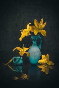 Golden Lilies Teal Vases