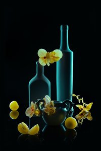 Golden Orchids Teal Bottles