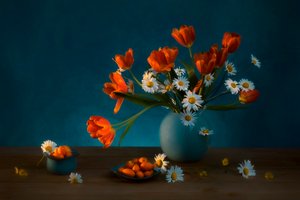 Moody Tulips Daisy Still Life