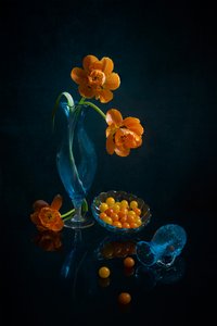 Orange Blooms Blue Glass