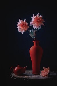 Pink Dahlias Red Vase