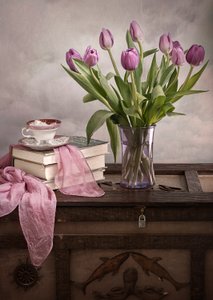 Purple Tulips and Old Books