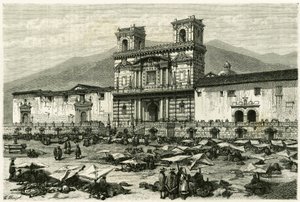 The Cathedrale of Quito and the popular entertainment on its square (Engraving by Clerget and Ferdinandus)