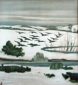 Rooks Flying Over a Winter Landscape