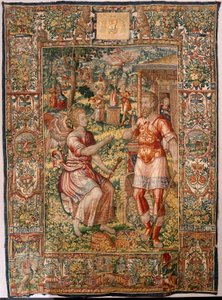 Diocesan museum (Museo Diocesano). Flemish tapestry. Brussels. Atelier François Geubels. Series Story of Gideon. Gideon and the angel. Silk and wool. Bequest of Bishop Vicente Roca de la Serna. Baroque. 1534-1571, in the cathedral since by Maerten van Heemskerck