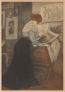 Woman in Front of a Print Stand