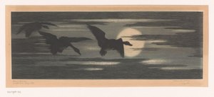 Three Ducks Flying Along the Setting Sun