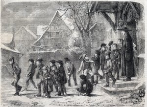 Out of school in winter. Engraving after a painting by M. B. Vautier in The Universe Illustrous
