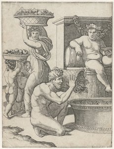 Bacchus watches as a man and woman and two children carry baskets of grapes for winemaking (Winemaking) by Marcantonio Raimondi