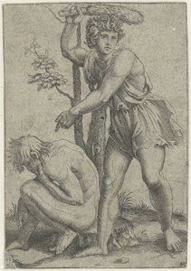Crouching Naked Man Beaten by Man with Fox Tail