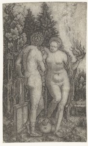 Young Man Protected by Woman with Globe and Offering Bowl as Personification of Fortune (Fortuna) by Marcantonio Raimondi