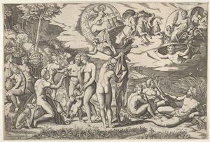 Judgment of Paris: Paris Extends His Hand Toward Venus, Who Stands Between Juno and Minerva by Marcantonio Raimondi
