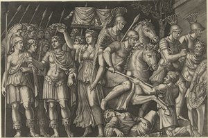 Emperor Trajan Crowned by Victoria Next to Female Personification of Rome and Romans Fighting Dacians by Marcantonio Raimondi