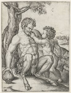 Pan with Drinking Cup and Bacchus as a Child with a Bunch of Grapes by Marcantonio Raimondi