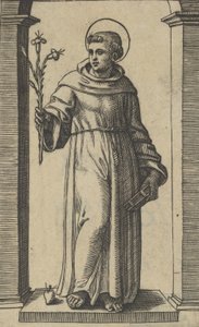 Saint Anthony of Padua standing, lilies in his raised right hand, a book in his..., ca. 1500-1527