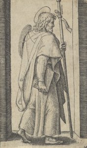 Saint James Major, book in his right hand, staff in his left facing right by Marcantonio Raimondi