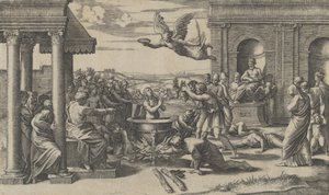 The Martyrdom of Saint Cecilia standing naked in a large cauldron
