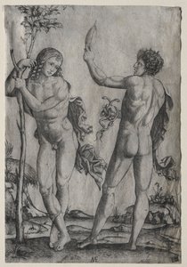 Two Nude Men Beside a Tree