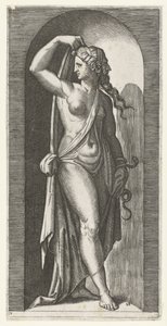 Woman as personification of Prudence (Prudentia) with snake and mask (Seven Virtues series)