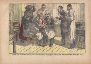 Pasteur, assisted by Dr. Grancher, inoculated the famous virus for the first time in the little Alsatian master, infected with rabies by Marcel Lecoultre