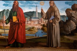 St. Francis Receiving the Stigmata Among St. Clare and Peter, the Blessed Bartolomeo of Breganze, and St. Paul and Bernardino (detail) by Marcello Fogolino