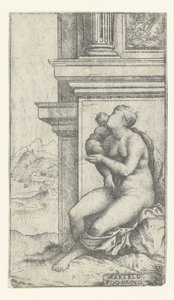 Woman with Child Sitting by Classical Building by Marcello Fogolino