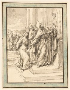 A Bishop and Two Nuns at an Altar, with a Bishop Healing a Possessed Woman in the Background