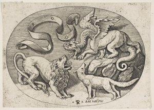 A Lion, Dragon and Fox Fighting Each Other, an Inscribed Banderole Above, an Oval, ca. 1515-27