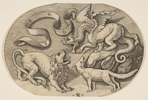 A Lion, Dragon and Fox Fighting Each Other