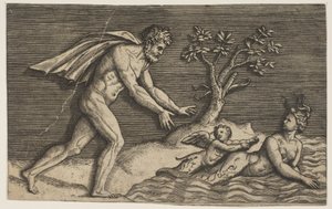 A Naked Man Pursuing a Naiad and a Cupid into the Water