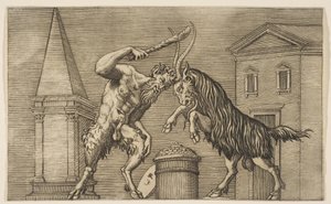 A satyr and a ram attacking each other, the satyr wielding a club by Marco Dente