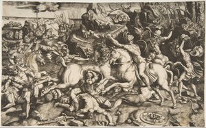 Battle Scene in a Landscape with Soldiers on Horseback and Several Fallen Men by Marco Dente