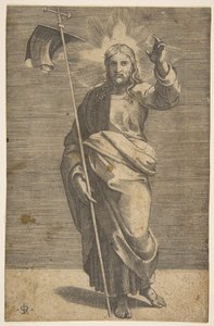Christ Standing Facing Forward, Holding a Cross with a Banner and Raising His Left Hand by Marco Dente