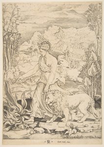 Fortitude in profile view walking toward a fire at left and leading a harnessed lion