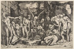 The Skeletons, a Group of Emaciated Men and Women Gathered Around a Skeleton by Marco Dente