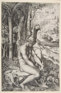 Venus removing a thorn from her left foot while seated on a cloth next to trees by Marco Dente