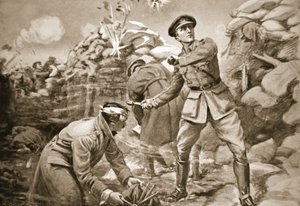 Captain Vickers holding the enemy at bay while a barrier was being built up behind him by Margaret Dovaston