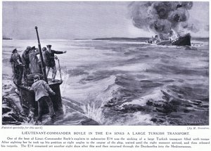Lieutenant Commander Boyle in the E14 Sinks a Large Turkish Transport 1915 by Margaret Dovaston