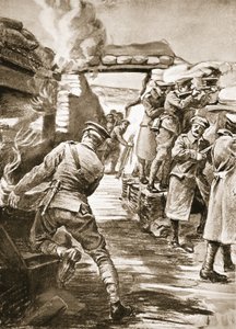Private Callf pulling a box of ammunition out of a bomb store set alight by the bursting of a shell by Margaret Dovaston